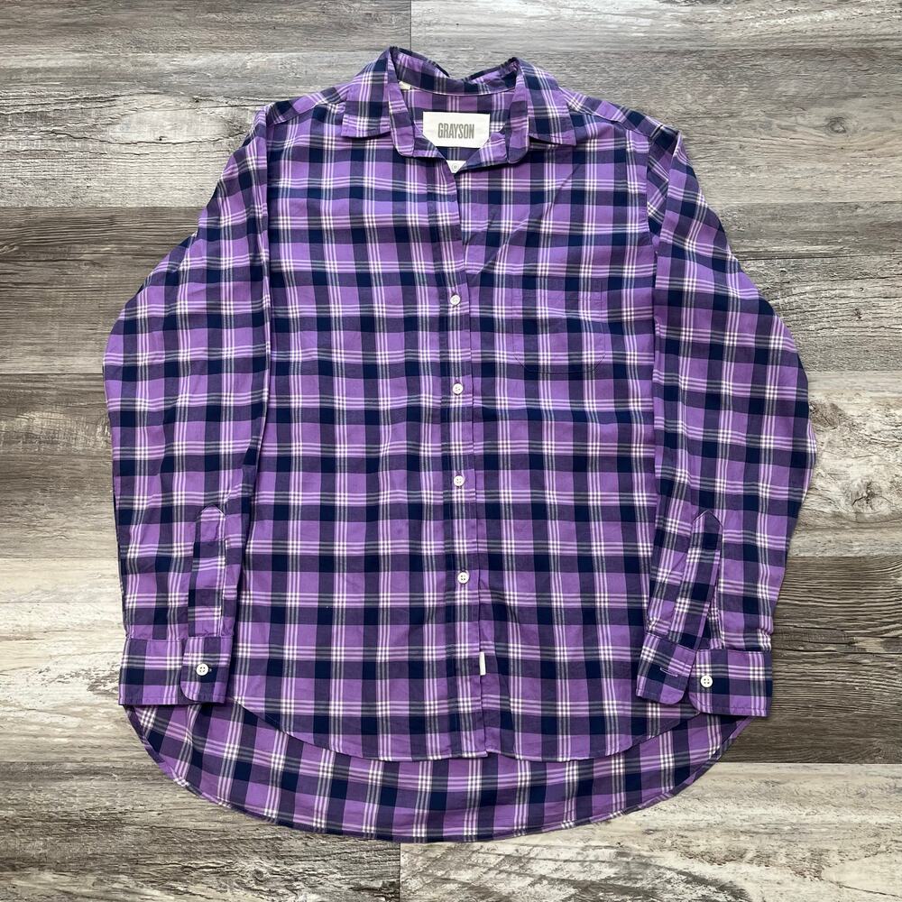 Grayson Purple Navy Blue Womens 3  M Tartan Plaid Flannel Button‎ Up Shirt